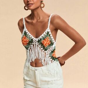 Women’s Vivid Crocheted White Crop Top Orange Green Floral Motifs Fringe Sz M